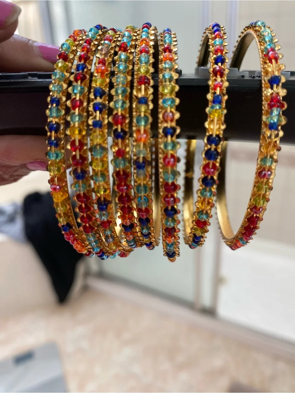 Multicolor Beaded Gold-Tone Bangle Set - Women Jewelry x 8